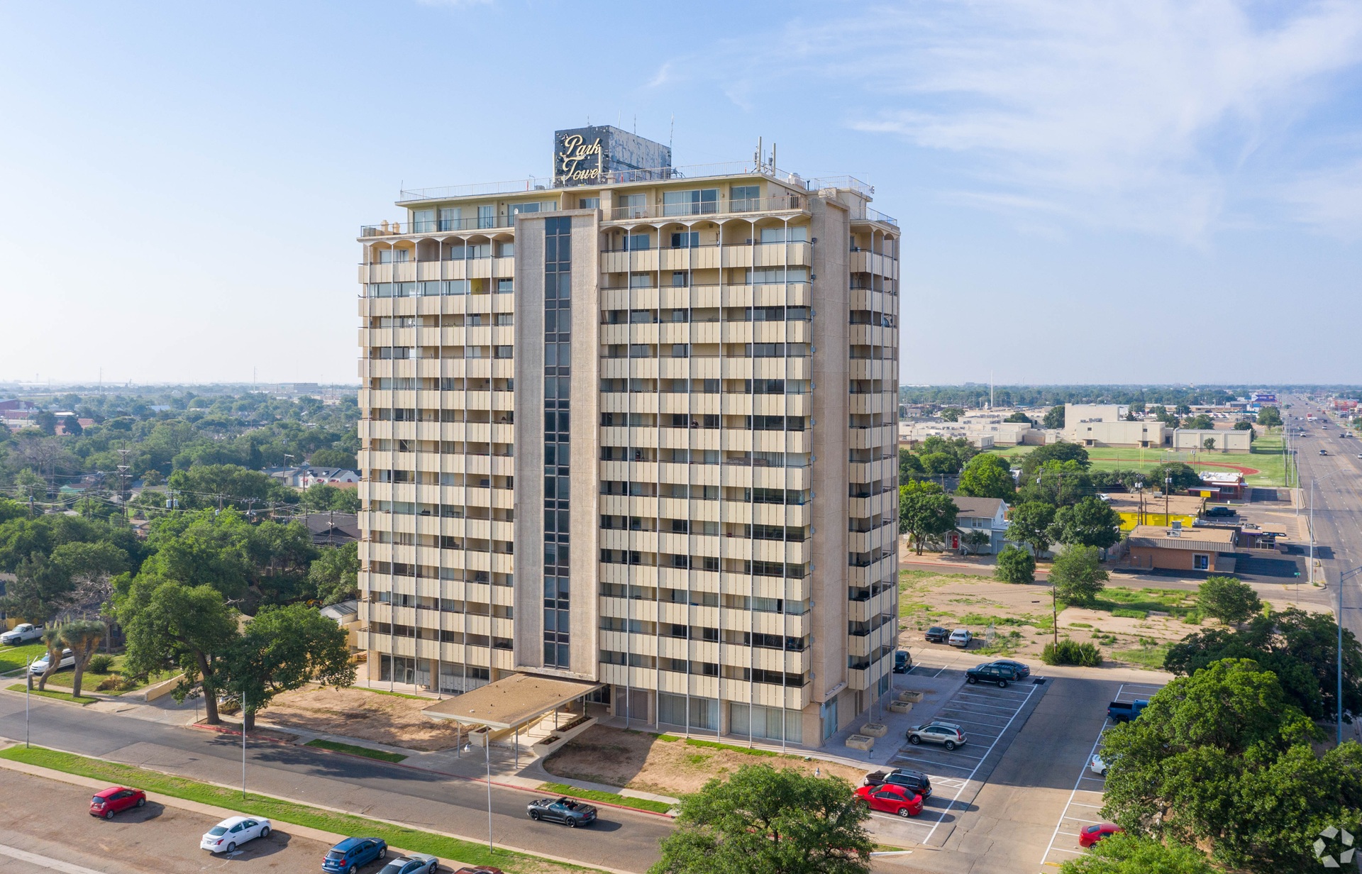 Park Tower Apartments exterior in Lubbock Texas