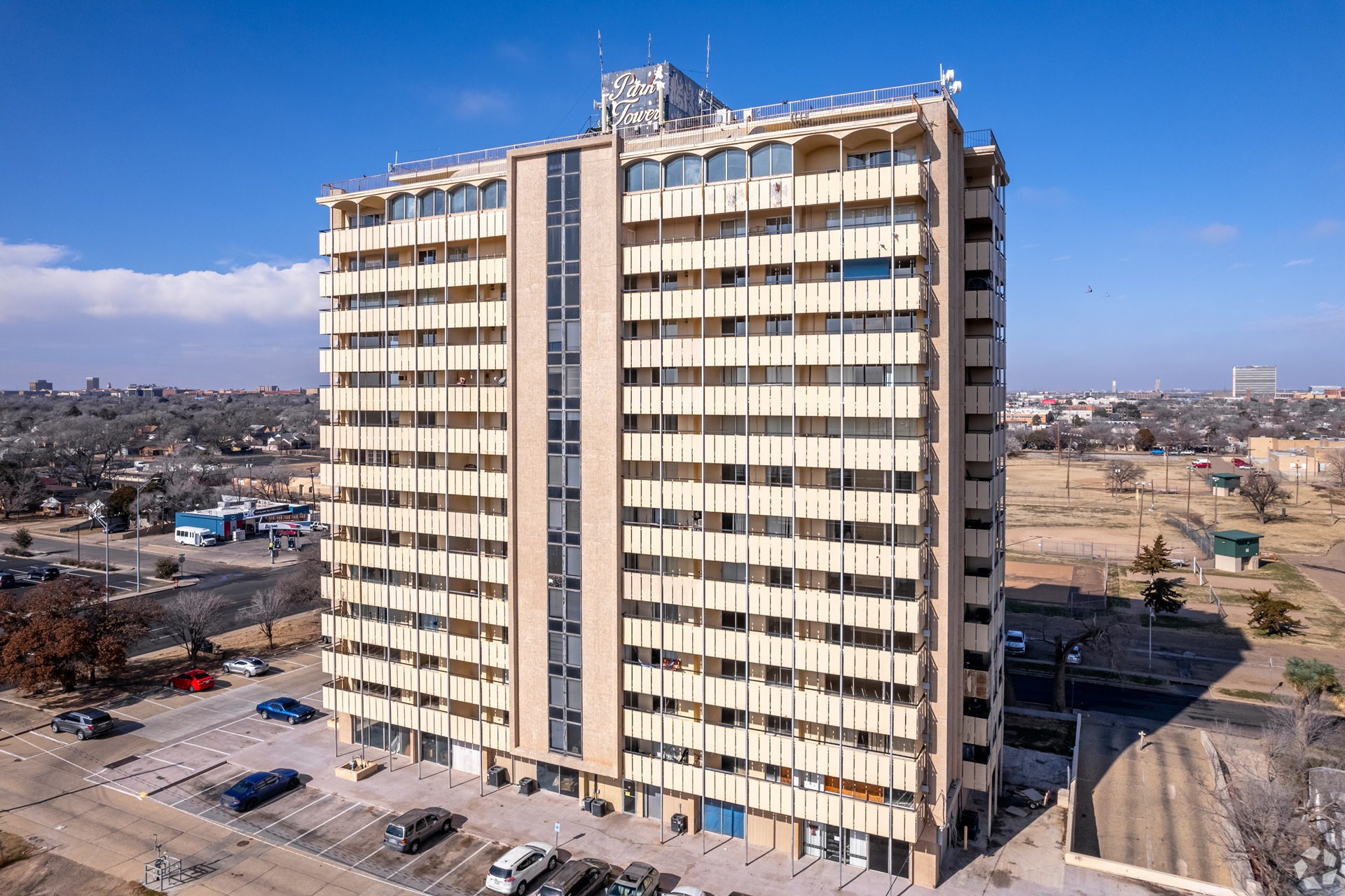 Park Tower Apartments exterior in Lubbock Texas
