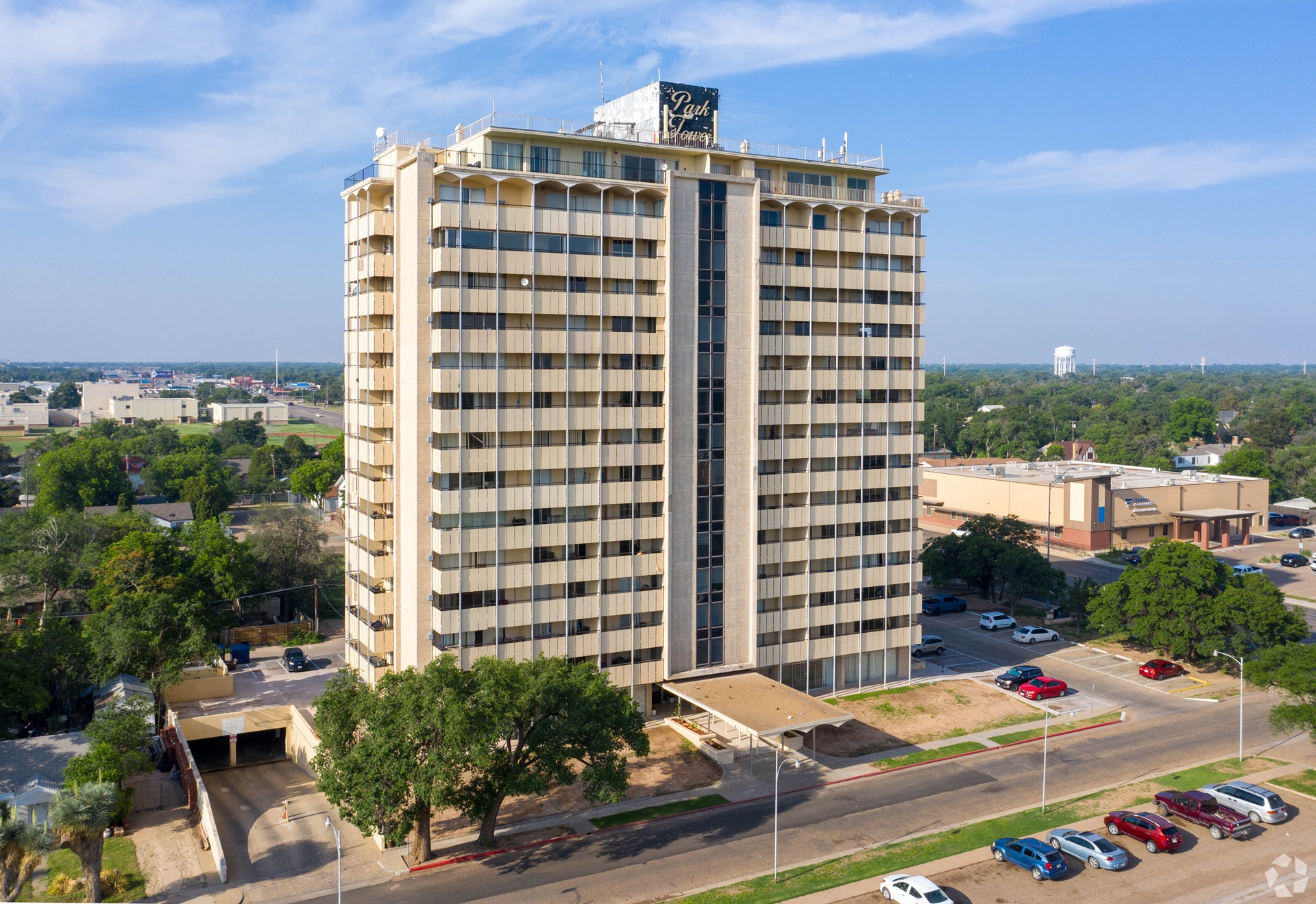 Park Tower Apartments exterior in Lubbock Texas